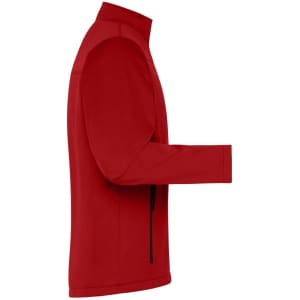 A red men's softshell jacket with long sleeves and a zippered pocket. It features a smooth fabric texture and a fitted design.