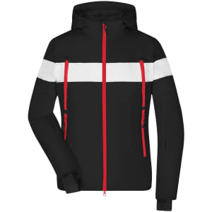 A black soft shell jacket with white and red stripes, featuring a hood and multiple zippered pockets.