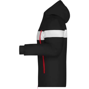 A black soft shell jacket with white and red stripes, featuring a hood and zippered pockets.