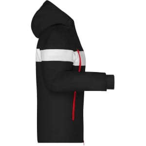 A soft shell jacket in black with white and red stripes, featuring a hood and zippered pockets. It has a logo.