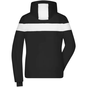 A soft shell jacket in black with a white horizontal stripe across the chest and sleeves. Features a hood and a logo.