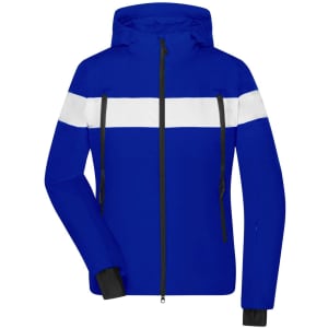 A blue soft shell jacket with a white stripe and black zippers, featuring a hood and two zip pockets.