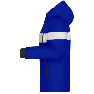 A blue ladies' wintersport jacket with white stripes and a hood, featuring a logo on the front.