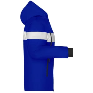 A soft shell jacket in vibrant blue with white stripes and a hood, featuring long sleeves and a zip closure.