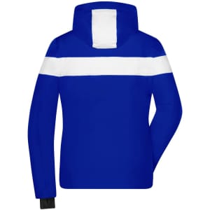 A blue and white ladies soft shell jacket featuring a hood and a logo.
