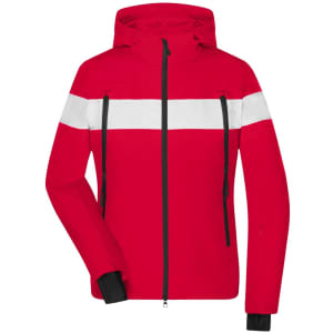 A red soft shell jacket with white stripes, featuring a hood and zippered pockets, plus a logo on the front.