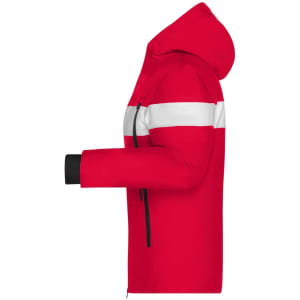 A red soft shell jacket with white stripes and a hood, featuring a side view design and black cuffs.