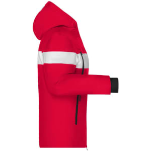 A red soft shell jacket with white stripes, featuring a hood and zippered pockets, shown from the side.