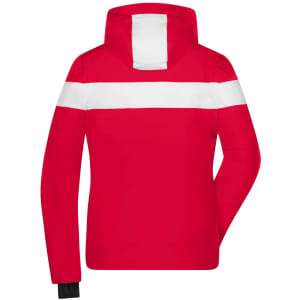 A red and white ladies' soft shell winter sport jacket featuring a hood and a logo on the back.