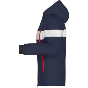A navy blue ladies wintersport jacket with a white stripe and red accents, featuring a hood and soft shell design.