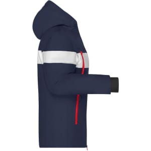 A soft shell jacket in navy blue with white and red accents, featuring a hood and zippered pockets.