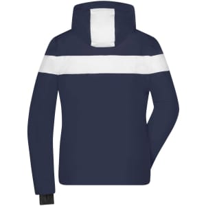 A navy soft shell jacket with a white stripe across the chest and a hood, featuring a logo.