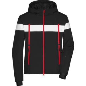 A black and white men's winter sport jacket with red zippers and a hood, featuring two front pockets.
