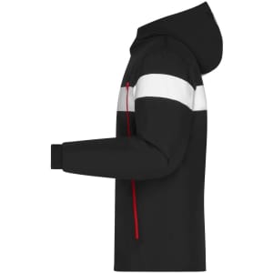 A men's winter sport jacket in black with white and red accents, featuring a hood and zippered pockets.