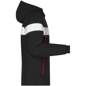 A men's winter sport jacket in black with white and red accents, featuring a hood and zippered pockets.