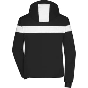 A men's winter sports jacket in black with white horizontal stripes and a hood, featuring a logo on the chest.