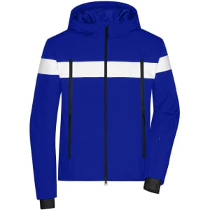 A men's winter sport jacket in blue with a white horizontal stripe and black zippers. Features a hood and long sleeves.