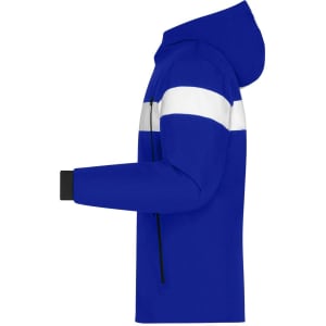 A blue men's winter sport jacket with a white stripe, featuring a hood and zippered pockets. It has a logo on it.