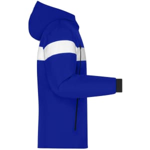A blue men's winter sport jacket with white stripes and a hood, featuring a zipper and cuffed sleeves.