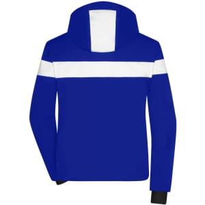 A blue wintersport jacket featuring a white horizontal stripe and a hood, with a logo on it.