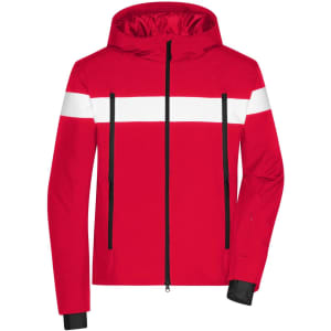 A men's winter sport jacket in vibrant red with white stripes and black zippers, featuring a hood and multiple pockets.