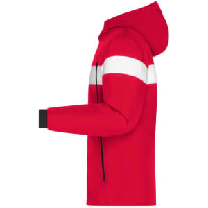 A red winter sport jacket featuring a hood and white stripe details, with a logo on the front.