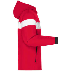 A red men's wintersport jacket featuring a white stripe and a hood, with a side view showcasing its design.