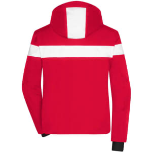 A red men's winter sport jacket featuring a white stripe and a hood, with black cuffs and a logo.