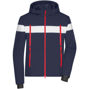 A men's winter sport jacket in navy blue with a white stripe and red zippers, featuring multiple zip pockets.