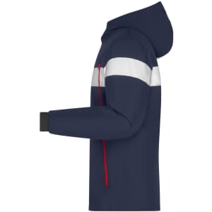 A winter sport jacket in navy blue with white stripes, featuring a hood and zippered pocket. It has a logo on the sleeve.