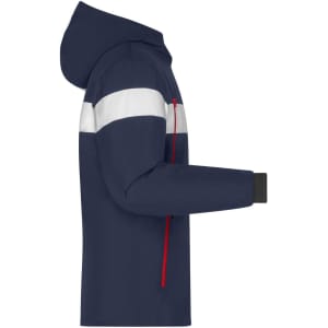 A navy blue men's winter sport jacket featuring white stripes and red accents, with a hood and zippered pockets.