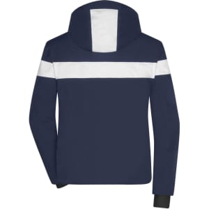 A navy blue wintersport jacket featuring a white horizontal stripe and a hood, with long sleeves and a logo.