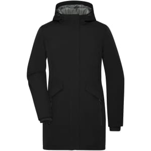 A black ladies' parka featuring a hood, side pockets, and a sleek design, with a logo on the front.