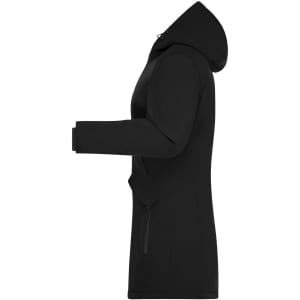 A black ladies business parka with a hood and zipped pockets, featuring a sleek side profile.