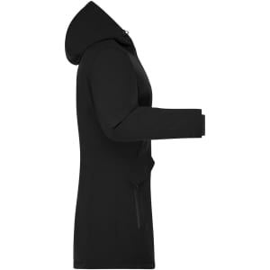 A black ladies business parka with a hood and zippered pockets, featuring a sleek, modern design. It has a logo.