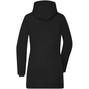 A Ladies Business Parka in black, featuring a hood and a sleek design. Includes a logo on the back.