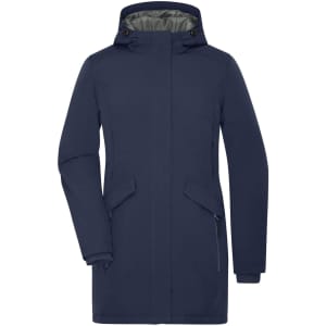 A navy blue ladies business parka with a hood, featuring side pockets and a zippered pocket, has a logo.