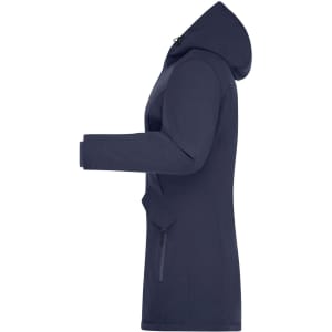 A navy blue ladies business parka with a hood and side pockets, featuring a minimalist design and a branding logo.