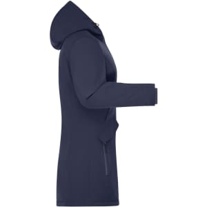 A navy ladies business parka featuring a hood, long sleeves, and side pockets. It has a branding logo.