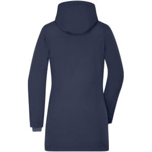 A navy blue ladies business parka with a hood, featuring a sleek, modern design and a logo.