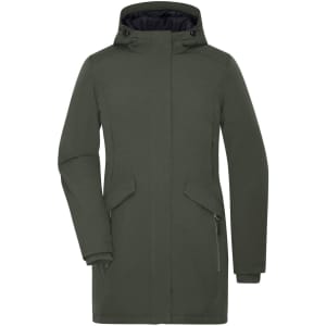 A ladies business parka in dark green with a hood, featuring zippered and snap button pockets. It has a logo.