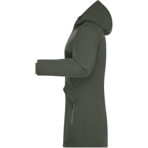 A ladies parka jacket in olive green with a hood and side pockets, featuring a logo.