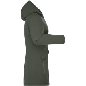 A ladies' rain jacket in olive green with a hood, featuring a side zip and a sleek design. It includes a logo.