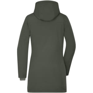 A ladies business parka in dark green, featuring a hood and a sleek, fitted design. The back view highlights its length.