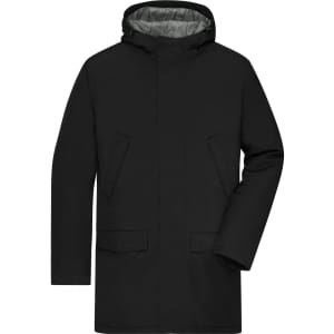 A black men's business parka featuring a hood and two front pockets, with a grey lining.