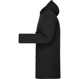 A black men's business parka with a hood and side pocket, featuring a sleek design. It has a logo on the sleeve.