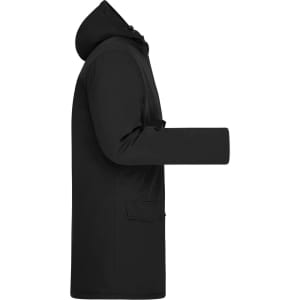 A black men's business parka featuring a hood and a side view showcasing its length and pocket details.