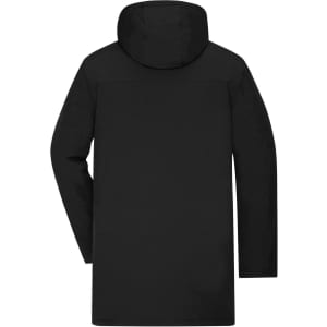 A black men's business parka featuring a hood and long sleeves, with a plain back design and a logo on the fabric.