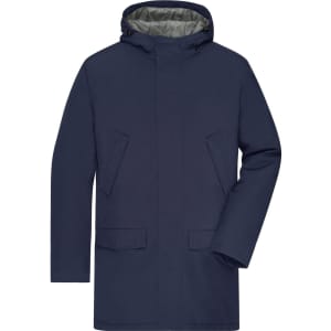 A navy men's business parka featuring a hood and two front pockets, with a light grey inner lining.