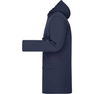 A navy men's business parka with a hood and side pockets, featuring a logo on the front.